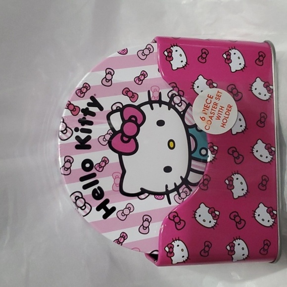 Hello Kitty pink white hello kitty monogrammed logo 6pc tin coaster set & holder - Picture 9 of 10